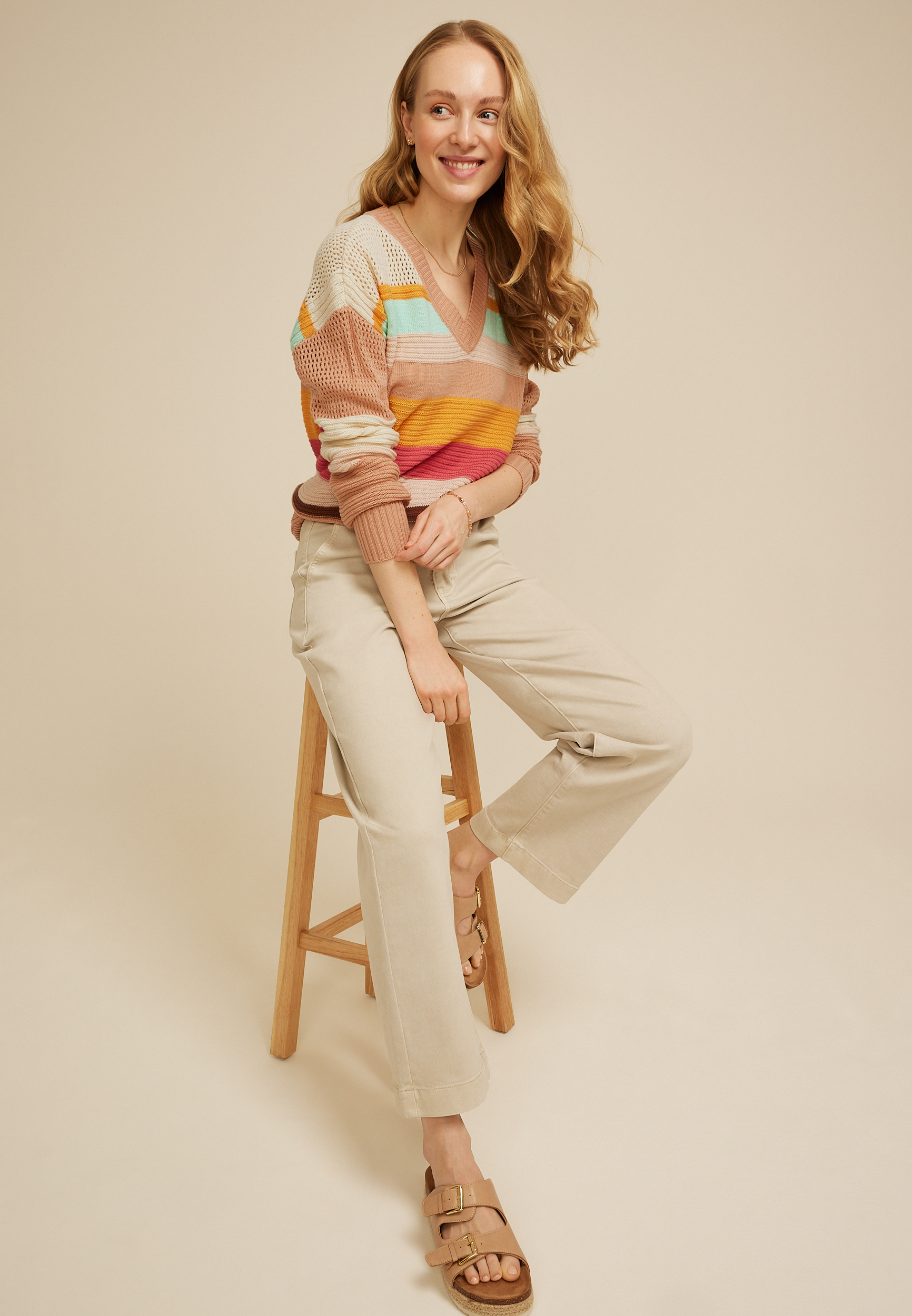 Mixed Stitch Colorblock V Neck Sweater, MULTI COMBO, large