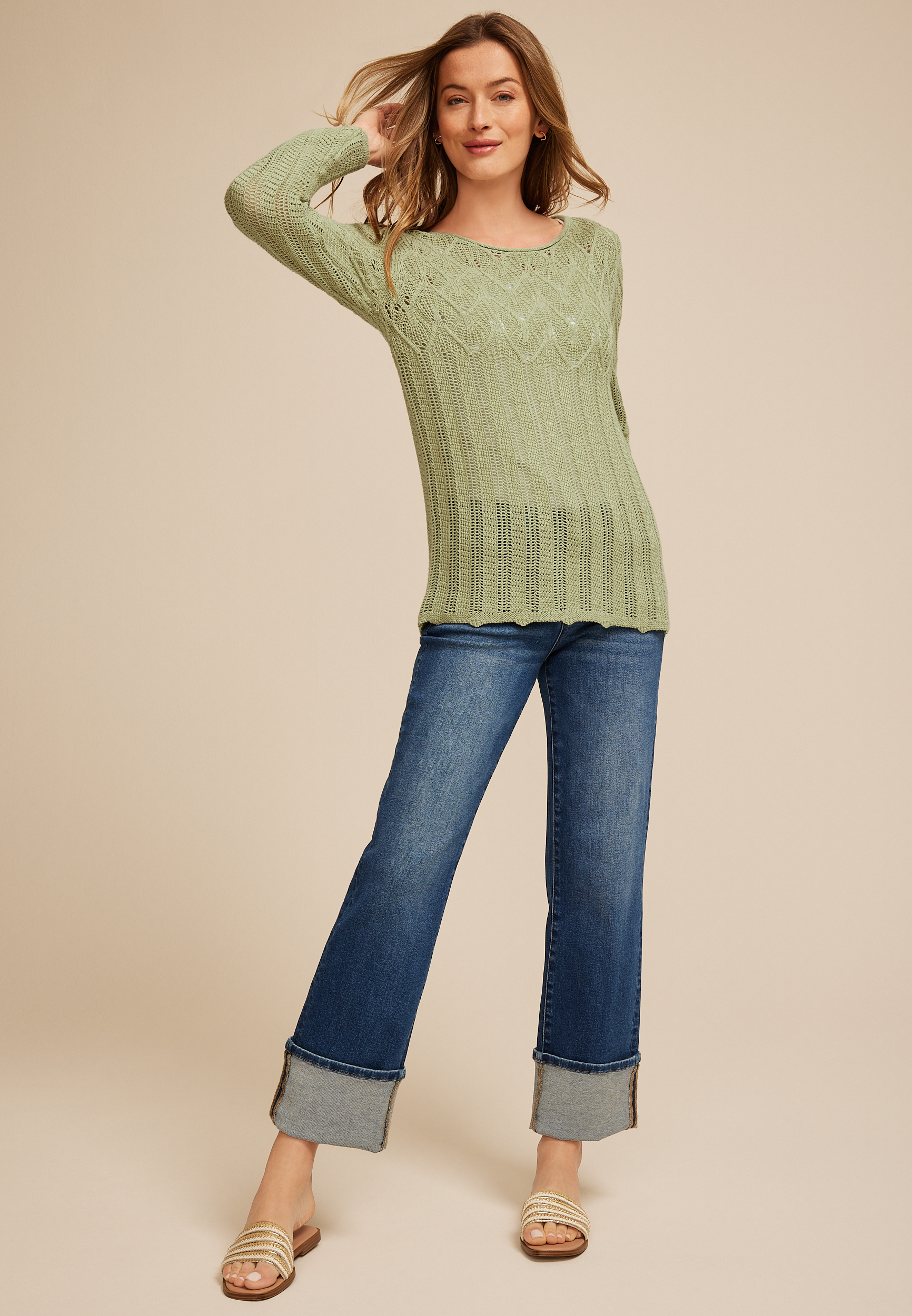 Pointelle Crew Neck Sweater, C738, large