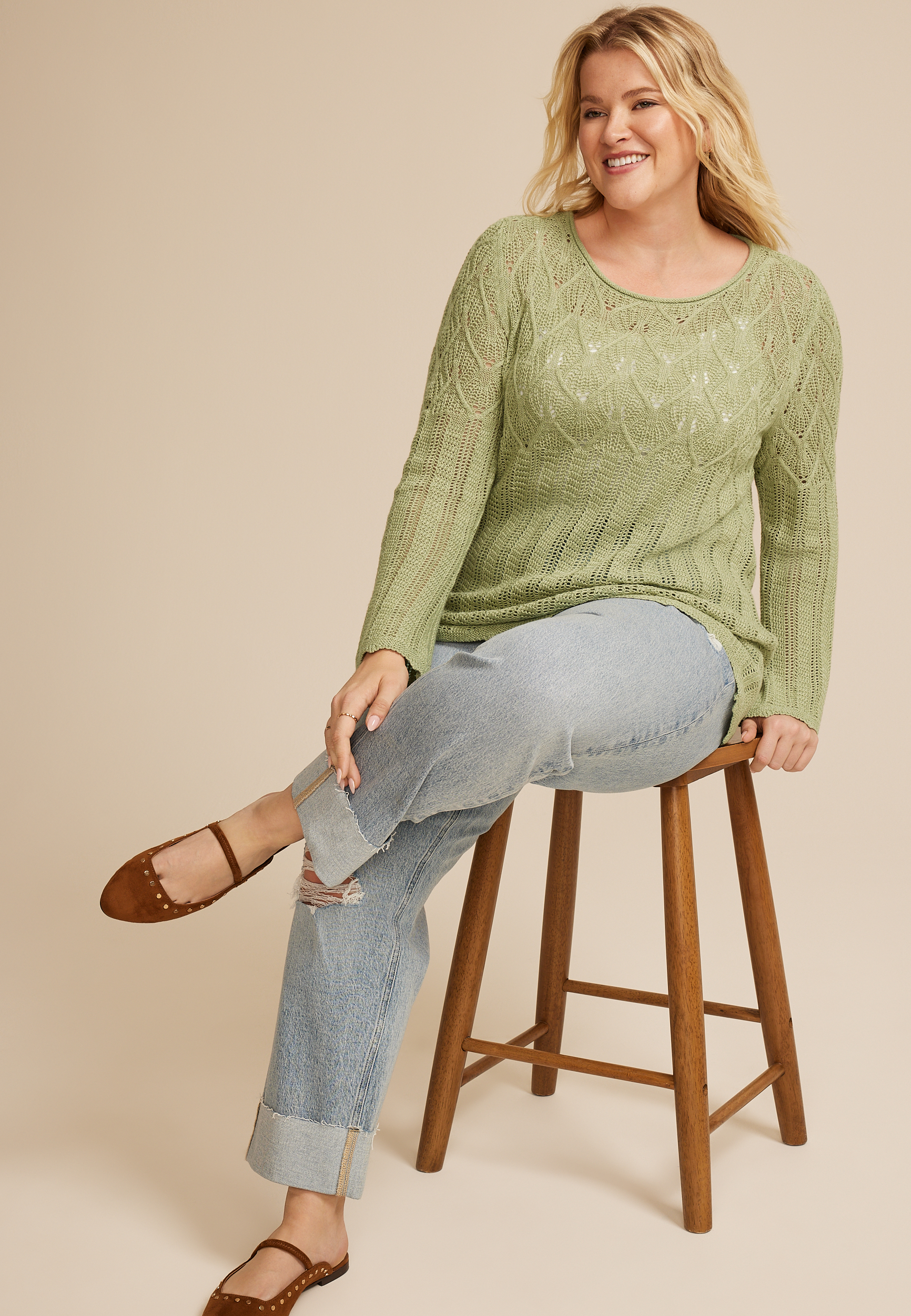 Plus Size Pointelle Crew Neck Sweater, C738, large
