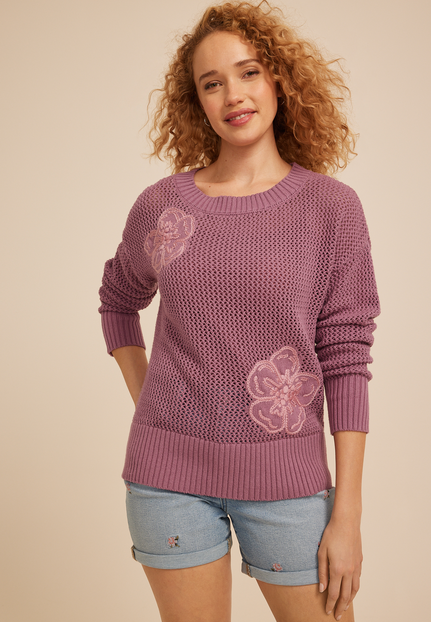 Floral Applique Open Knit Crew Neck Sweater