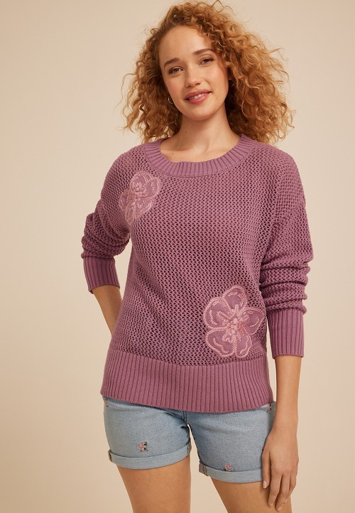 Floral Applique Open Knit Crew Neck Sweater | maurices