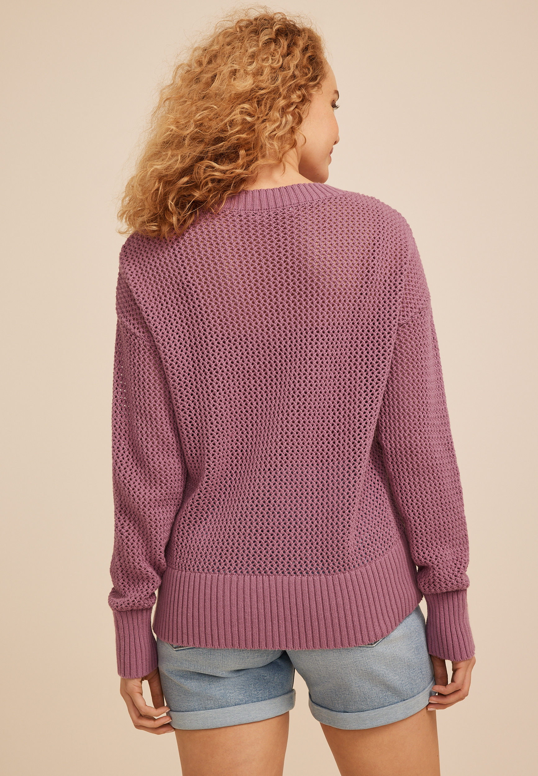 Floral Applique Open Knit Crew Neck Sweater, C1395, large