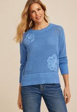 Floral Applique Open Knit Crew Neck Sweater, C1772, small