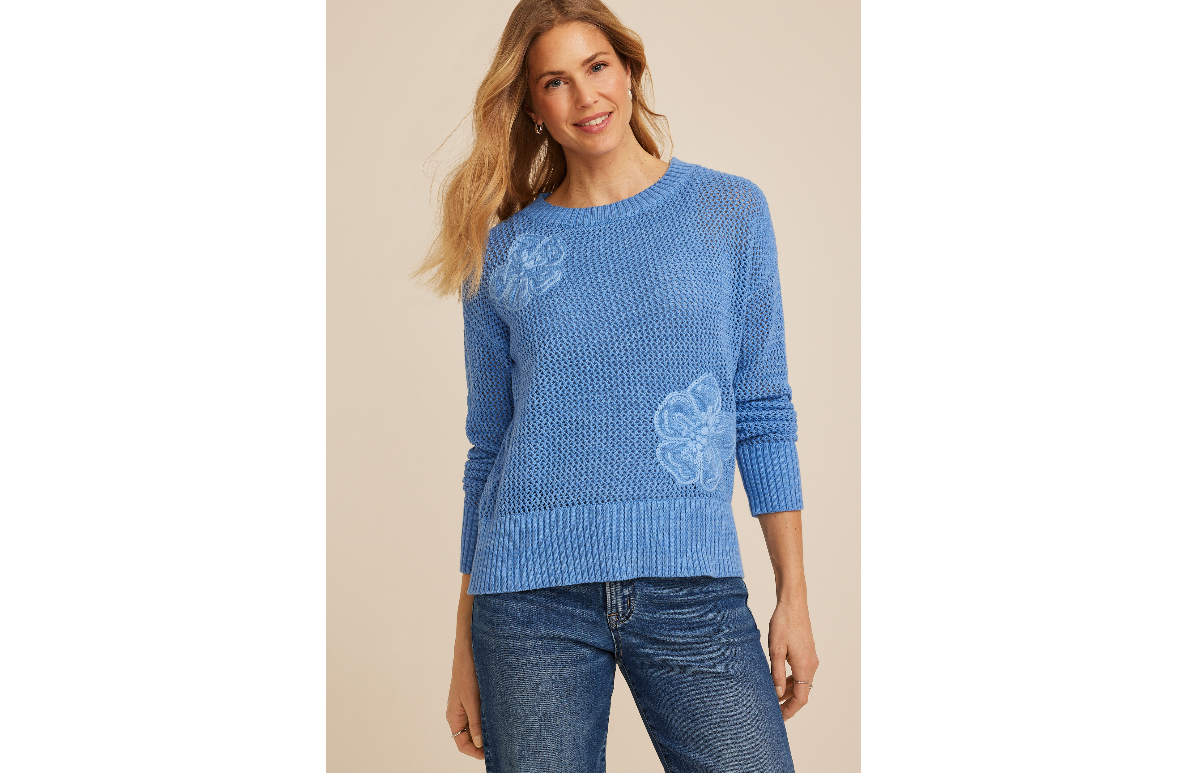 Floral Applique Open Knit Crew Neck Sweater
