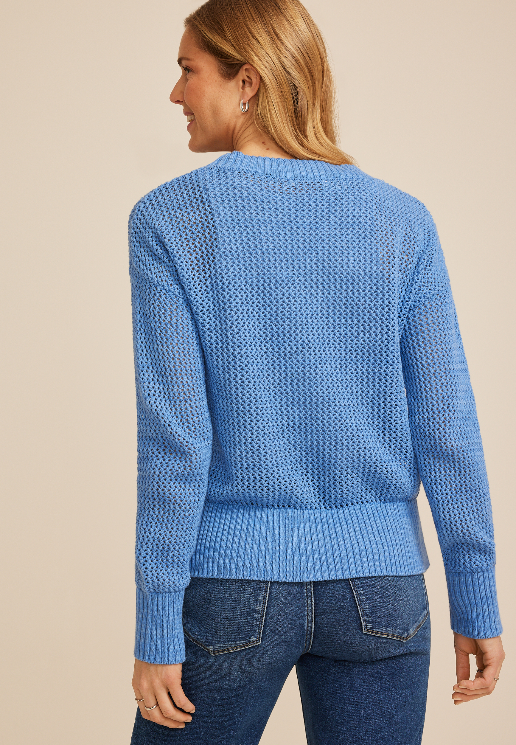 Floral Applique Open Knit Crew Neck Sweater | maurices
