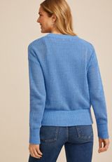 Floral Applique Open Knit Crew Neck Sweater, C1772, small