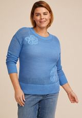 Plus Size Floral Applique Open Knit Crew Neck Sweater, C1772, small