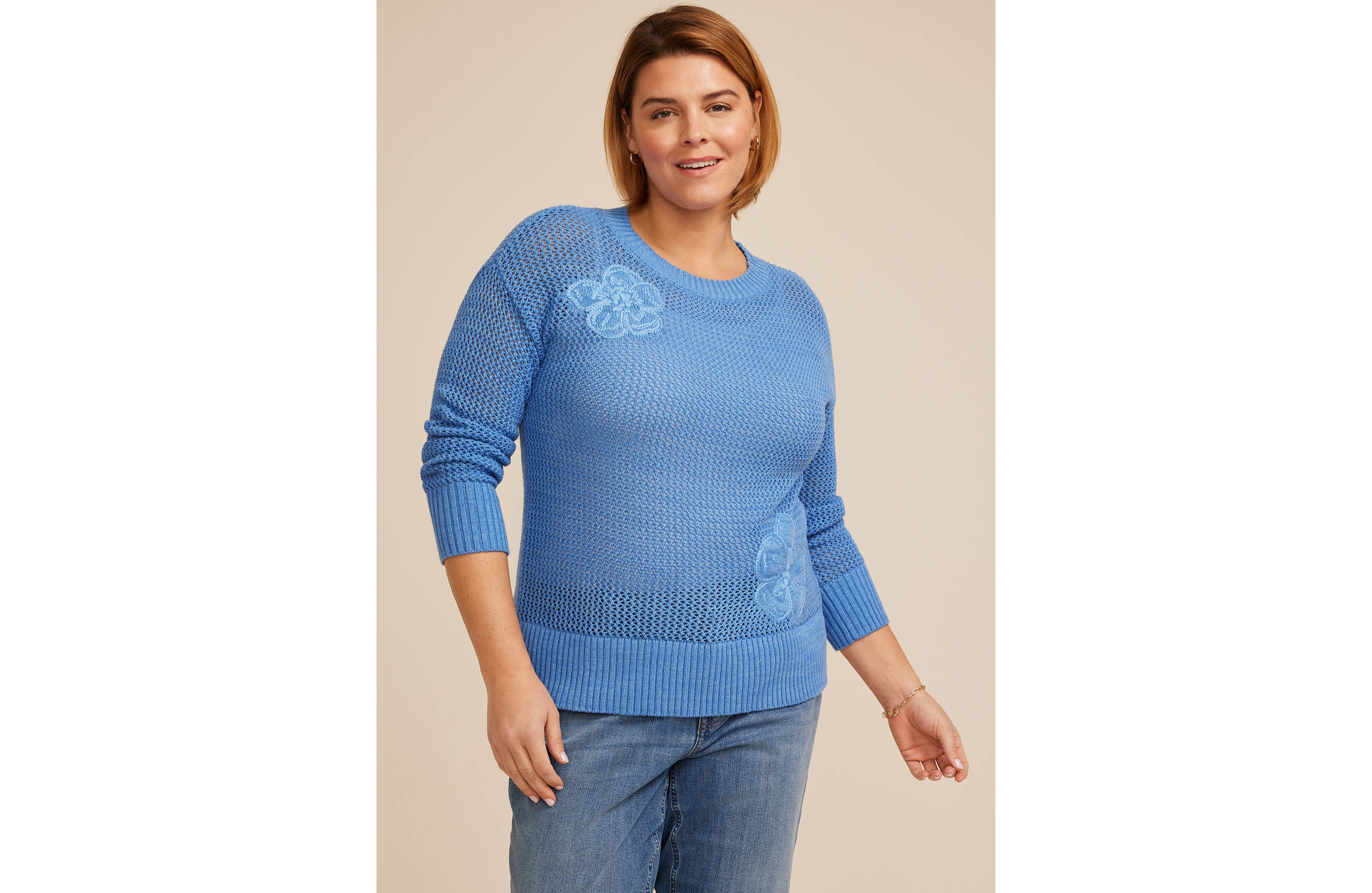 Plus Floral Applique Open Knit Crew Neck Sweater