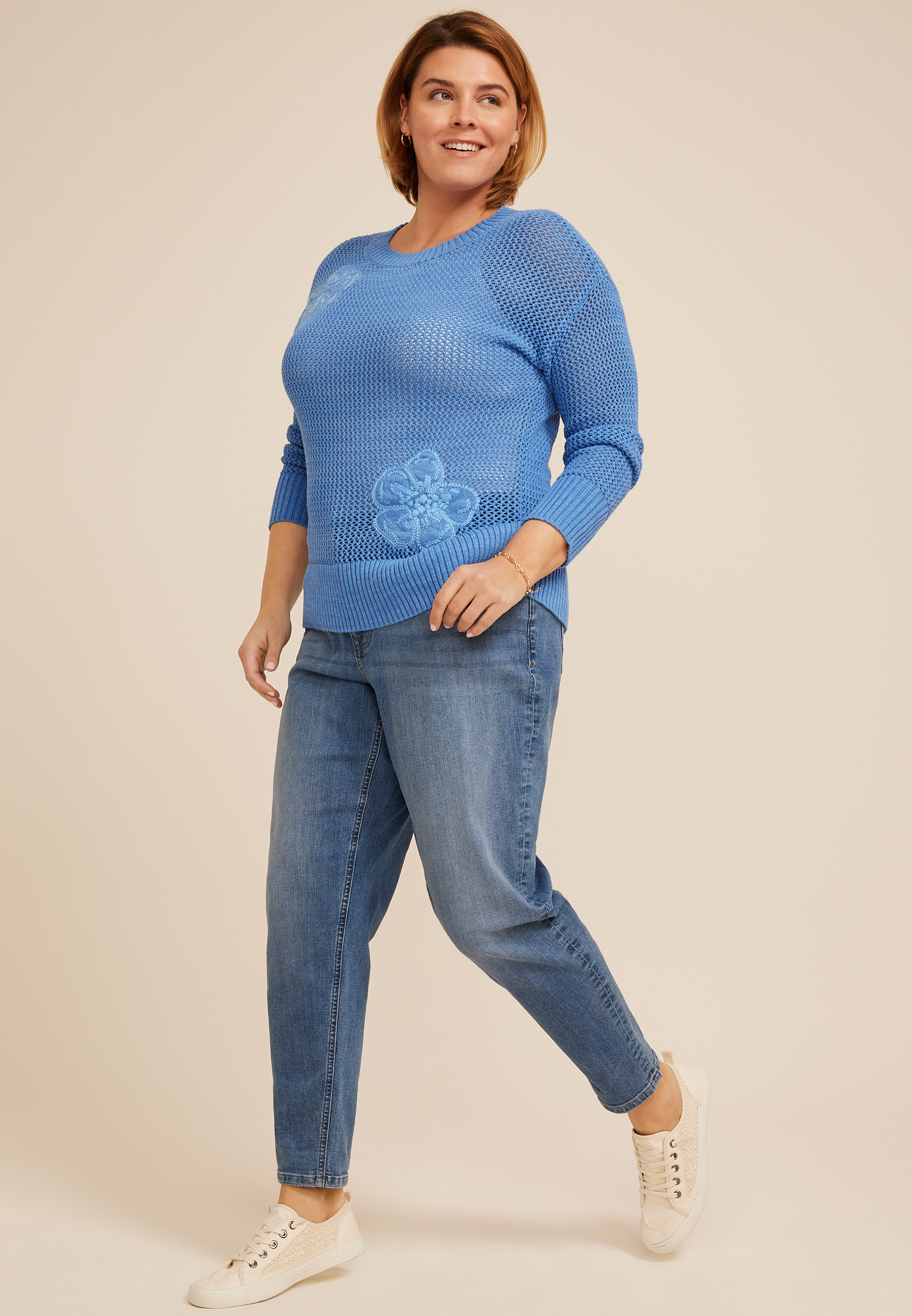 Plus Size Floral Applique Open Knit Crew Neck Sweater, C1772, large