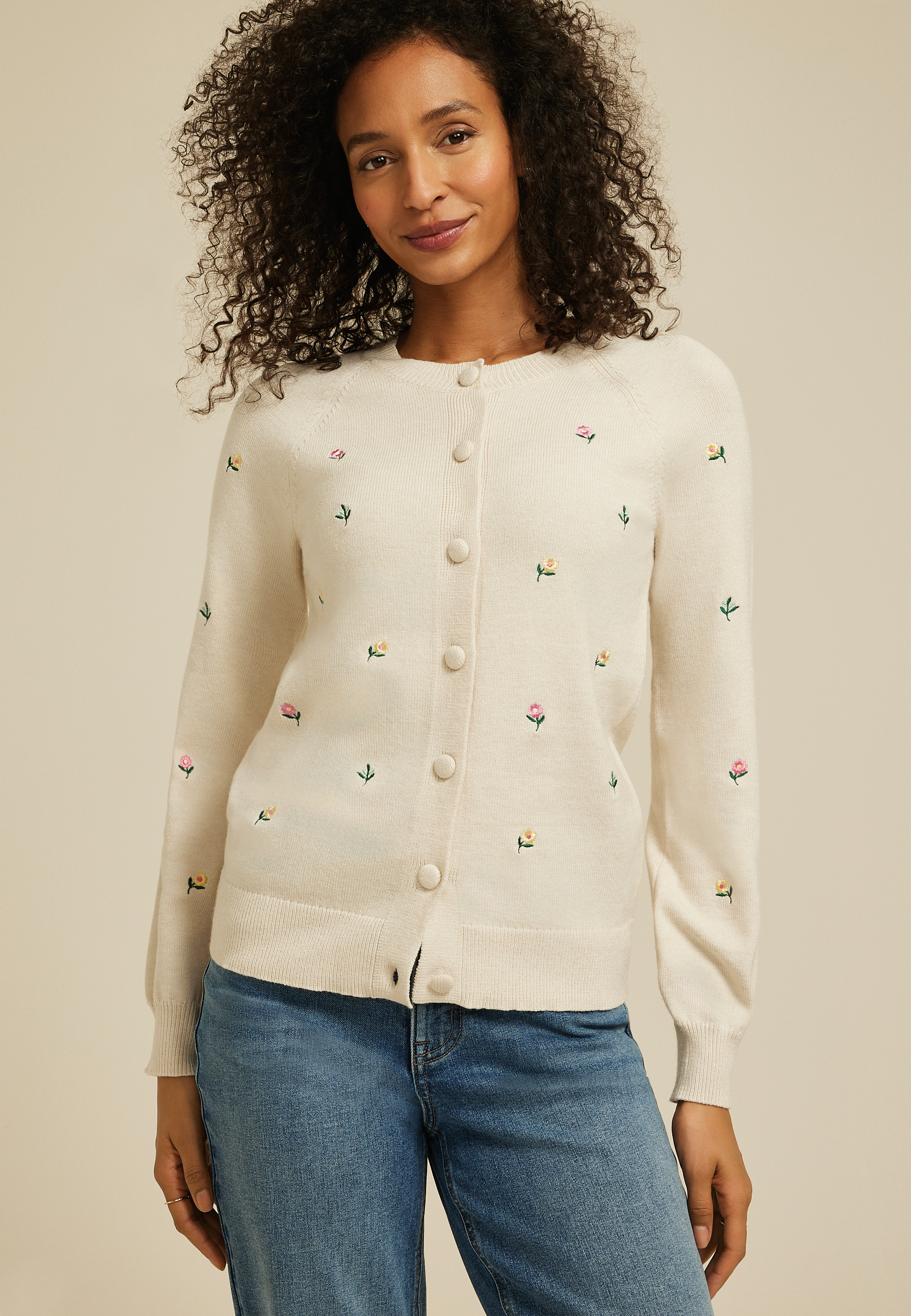 Floral Embroidered Button Front Cardigan