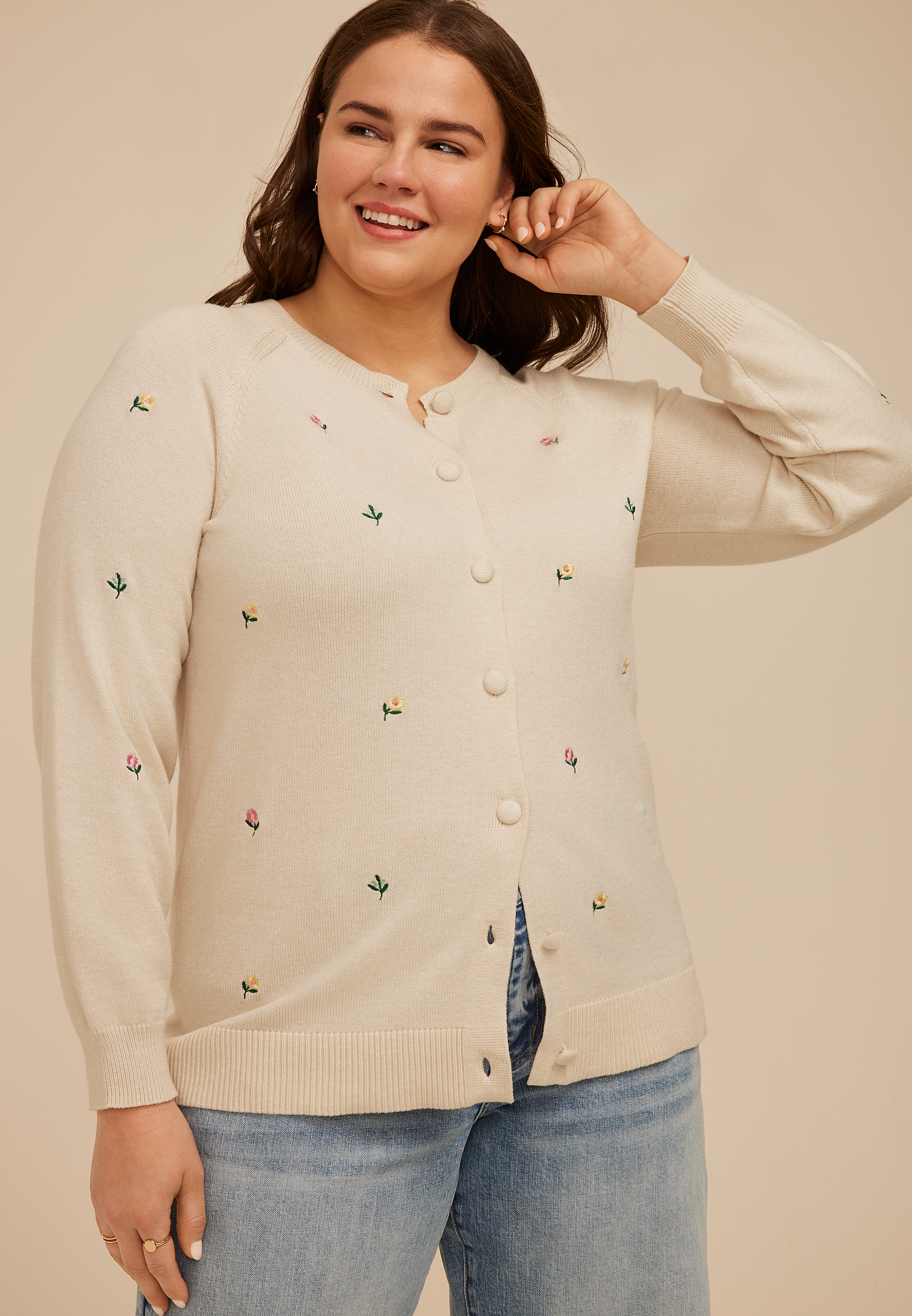 Plus Size Floral Embroidered Button Front Cardigan
