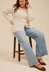 Plus Size Floral Embroidered Button Front Cardigan, LIGHT OATMEAL HEATHR CMBO, small