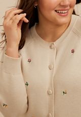 Plus Size Floral Embroidered Button Front Cardigan, LIGHT OATMEAL HEATHR CMBO, small