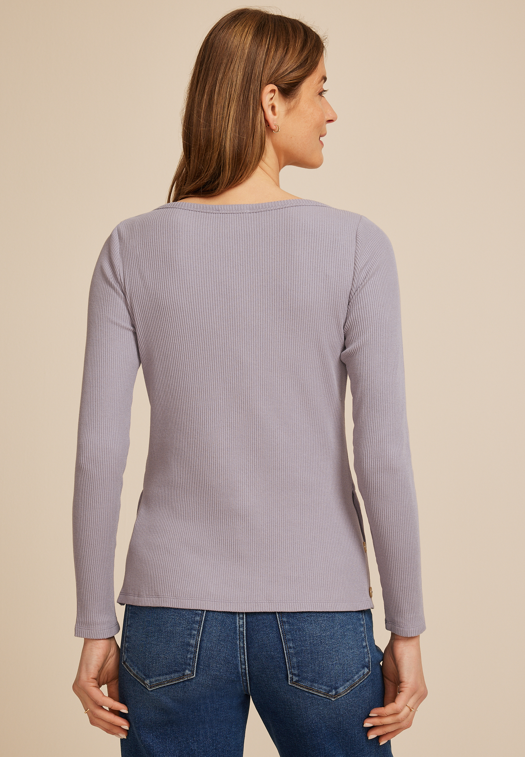 Ribbed Side Button Long Sleeve Tee, MINERAL GRAY, large