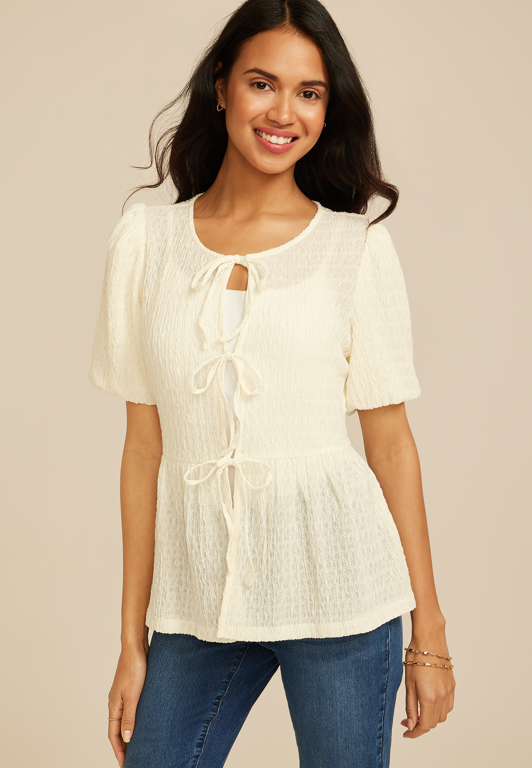 Textured Tie Front Short Sleeve Top