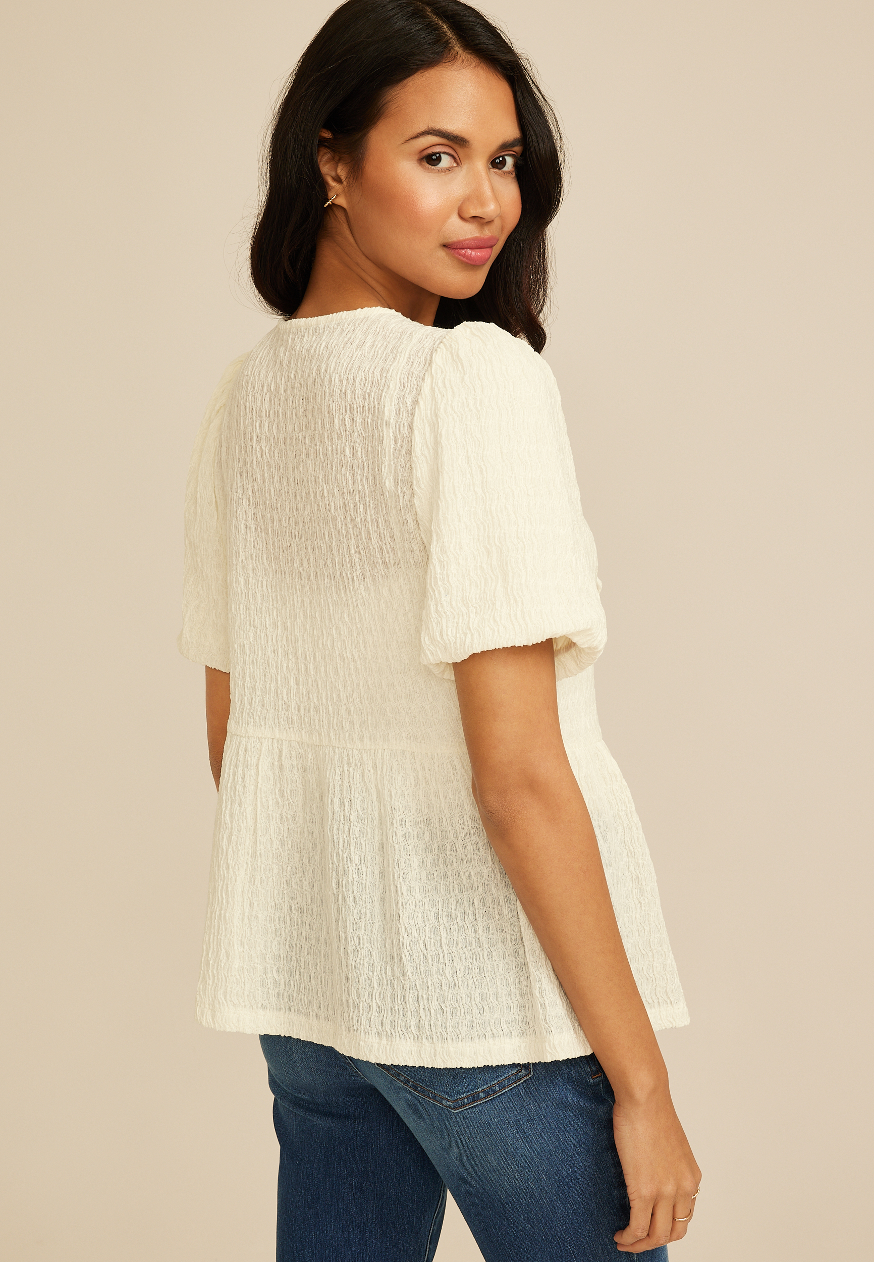 Textured Tie Front Short Sleeve Top, SUGAR SWIZZLE, large