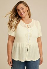Plus Size Textured Tie Front Short Sleeve Top, C9298, small