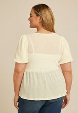 Plus Size Textured Tie Front Short Sleeve Top, C9298, small