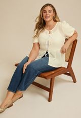 Plus Size Textured Tie Front Short Sleeve Top, C9298, small