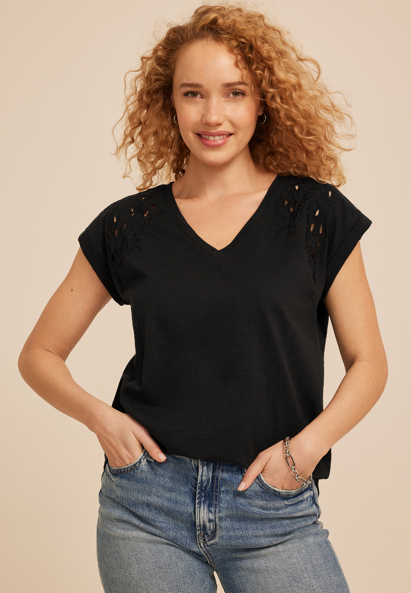 Plus Size Eyelet Cutwork V Neck Tee