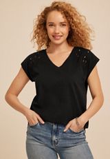 Eyelet Cutwork V Neck Tee, C106, small