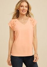 Eyelet Cutwork V Neck Tee, C9632, small