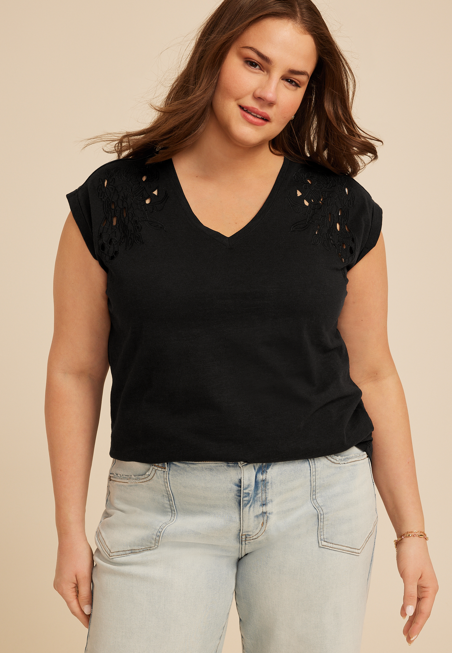 Plus Size Eyelet Cutwork V Neck Tee, C106, large