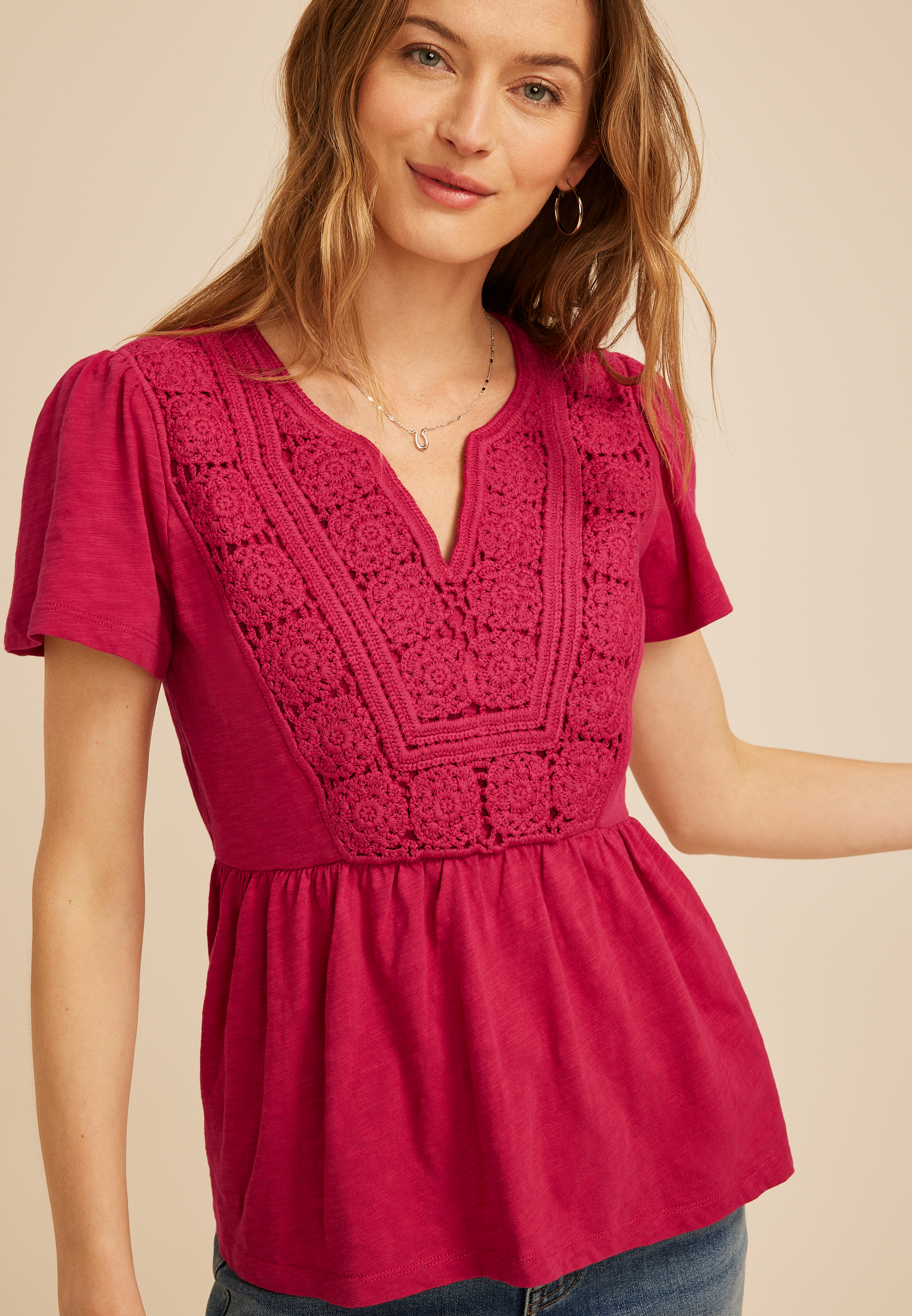 Crochet Yoke Peplum Top