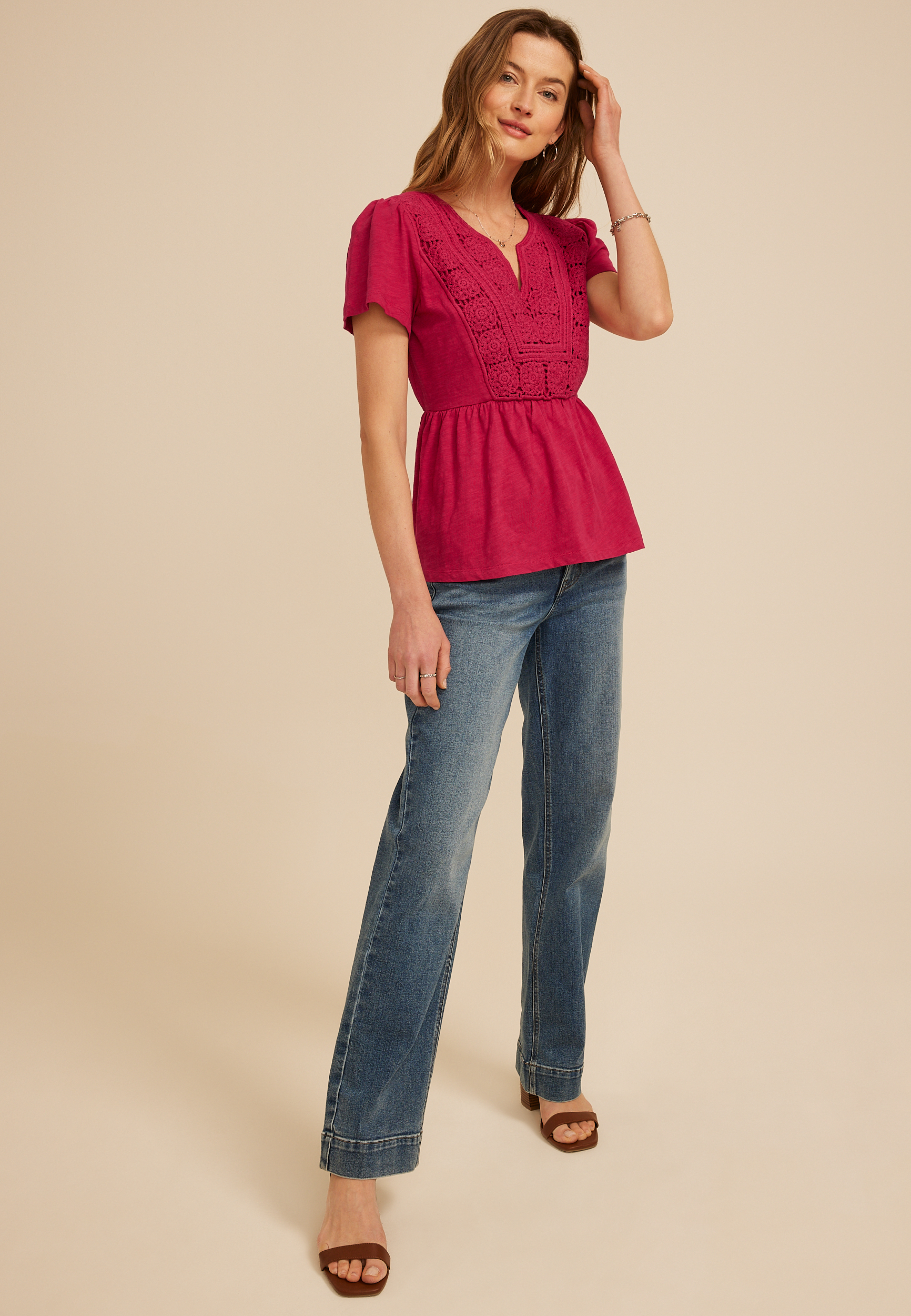 Crochet Yoke Peplum Top, C1631, large
