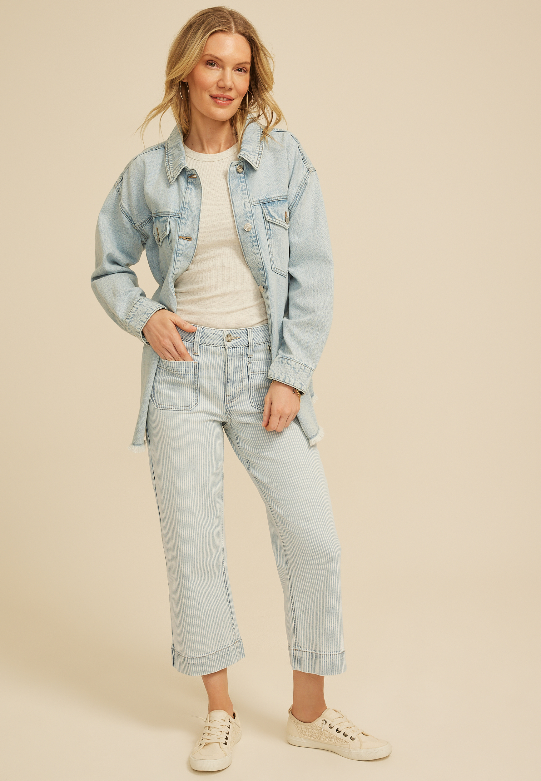 m jeans by maurices&trade;  High Rise Light Stripe Patch Pocket Wide Leg Cropped Jean, C2806, large