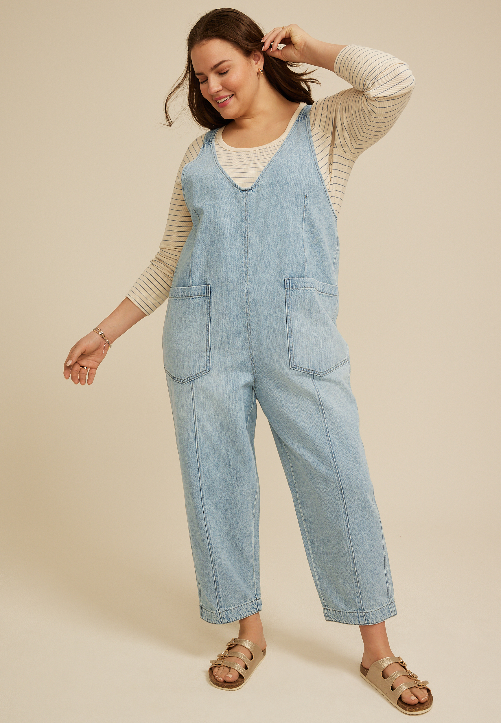 Plus Size Scoop Neck Denim Overalls