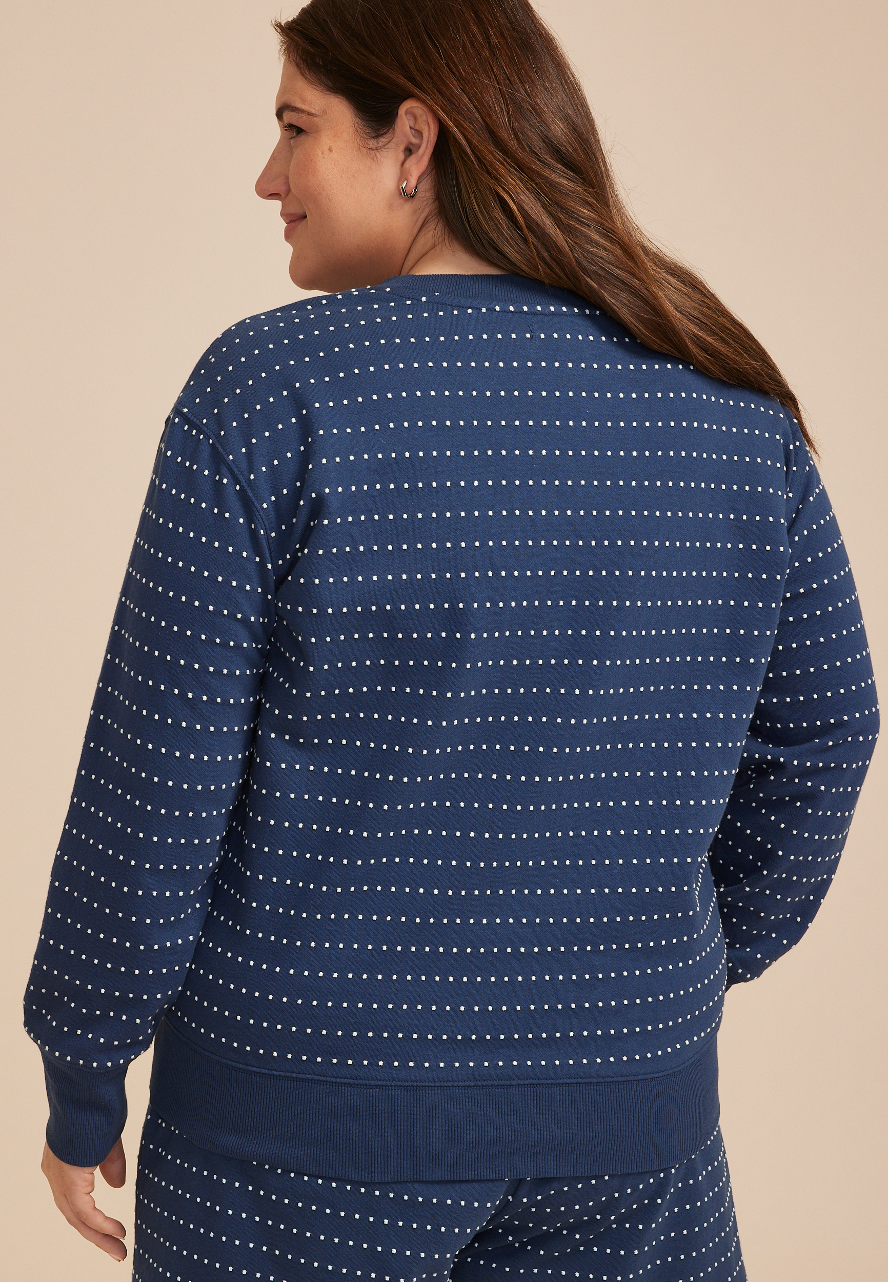 Plus Size Navy Textured Dot Crew Neck Sweatshirt, C5303, large
