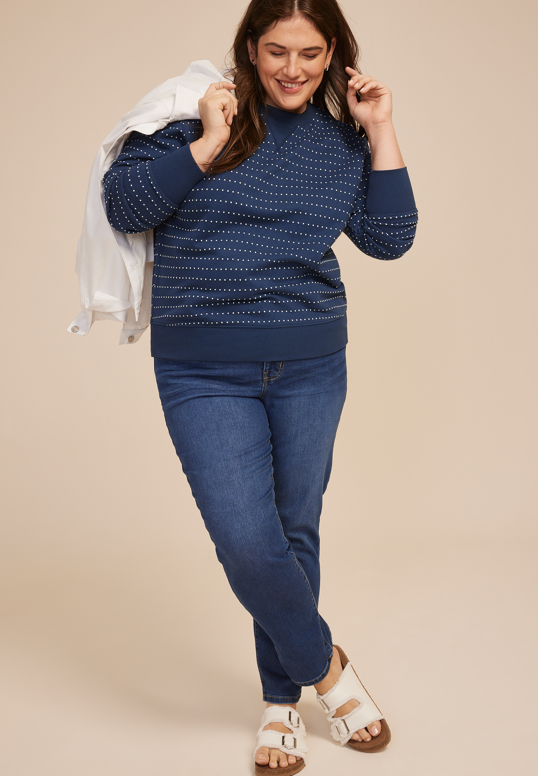 Plus Size Navy Textured Dot Crew Neck Sweatshirt, C5303, large
