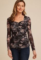 Floral Mesh Sweetheart Neck Top, DARK GRAY COMBO, small
