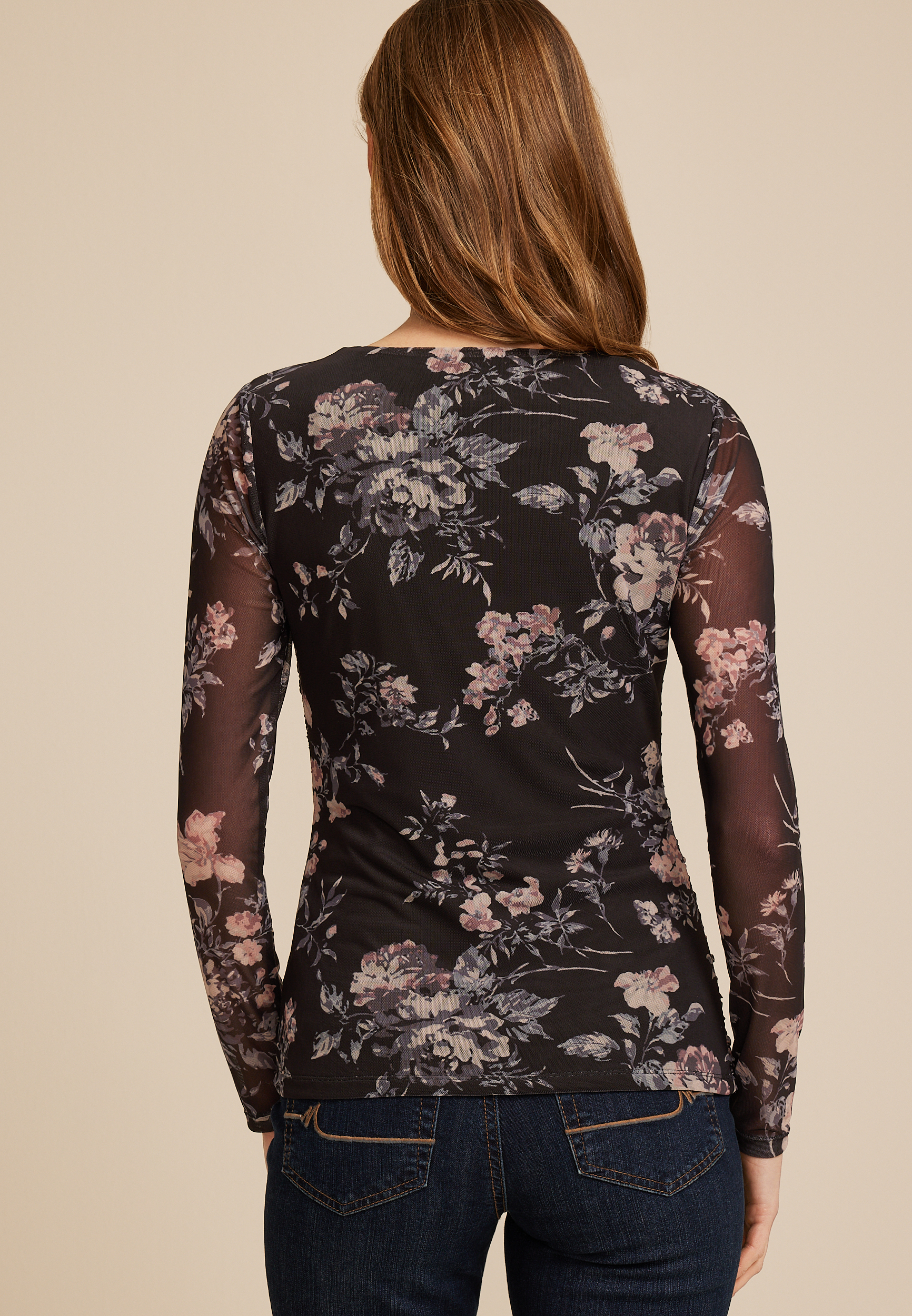 Floral Mesh Sweetheart Neck Top, DARK GRAY COMBO, large