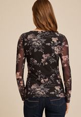 Floral Mesh Sweetheart Neck Top, DARK GRAY COMBO, small