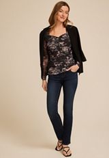 Floral Mesh Sweetheart Neck Top, DARK GRAY COMBO, small