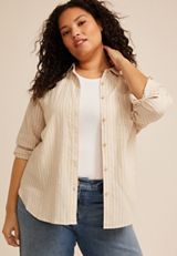 Plus Size Striped Raglan Sleeve Button Down Shirt, C5872, small