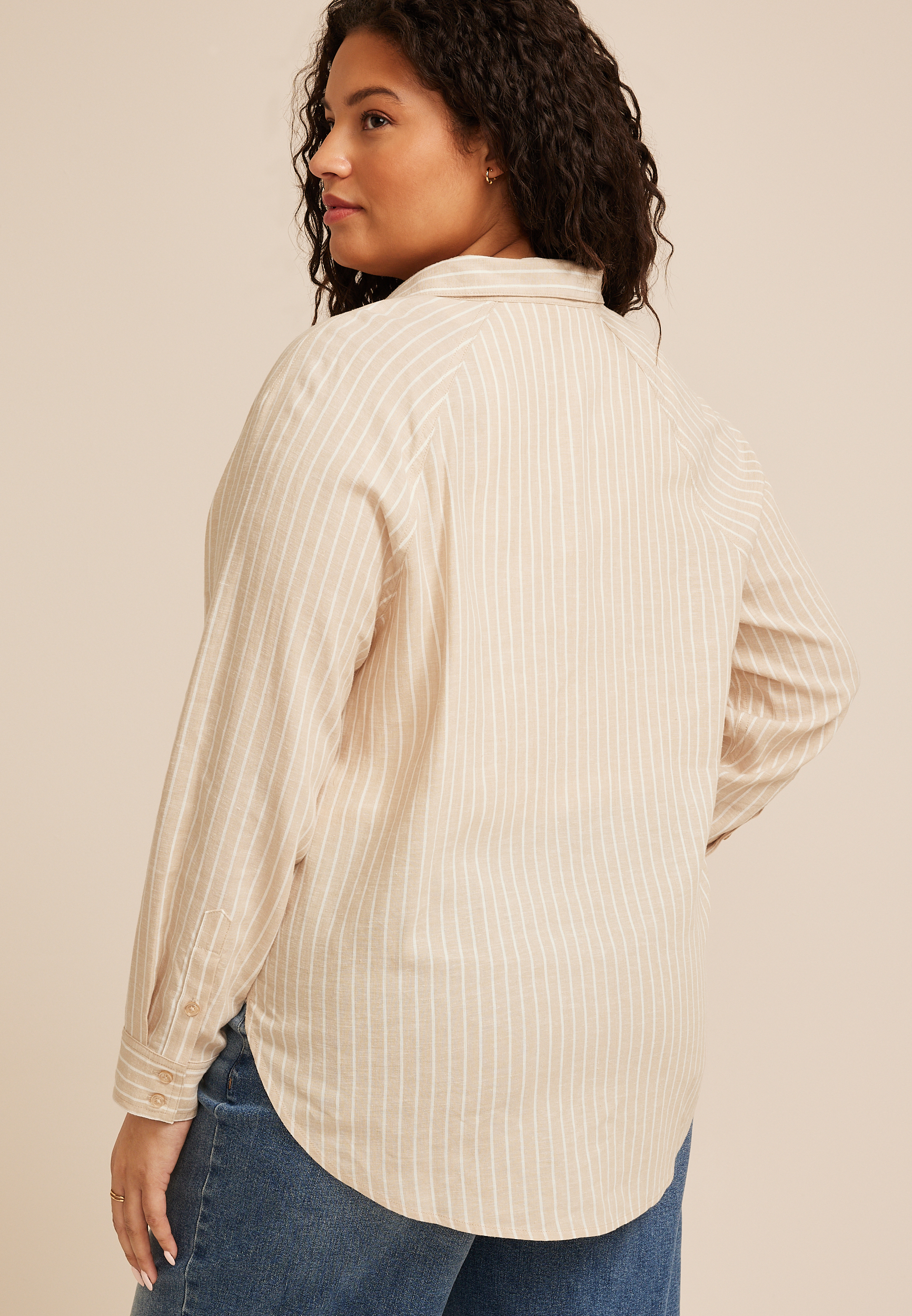 Plus Size Striped Raglan Sleeve Button Down Shirt, C5872, large