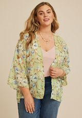 Plus Size Printed Chiffon Kimono, SWAMP COMBO, small