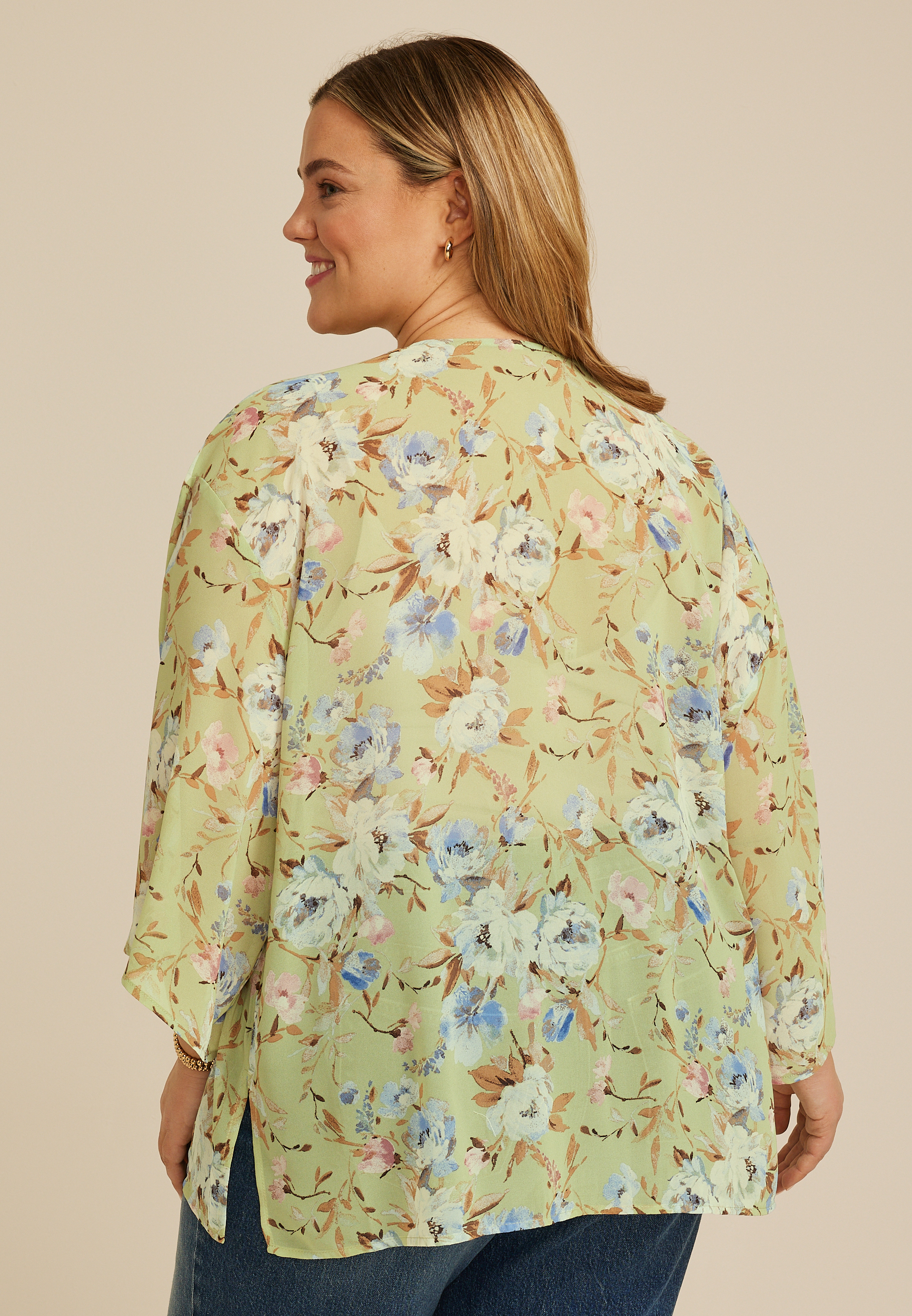 Plus Size Printed Chiffon Kimono, SWAMP COMBO, large
