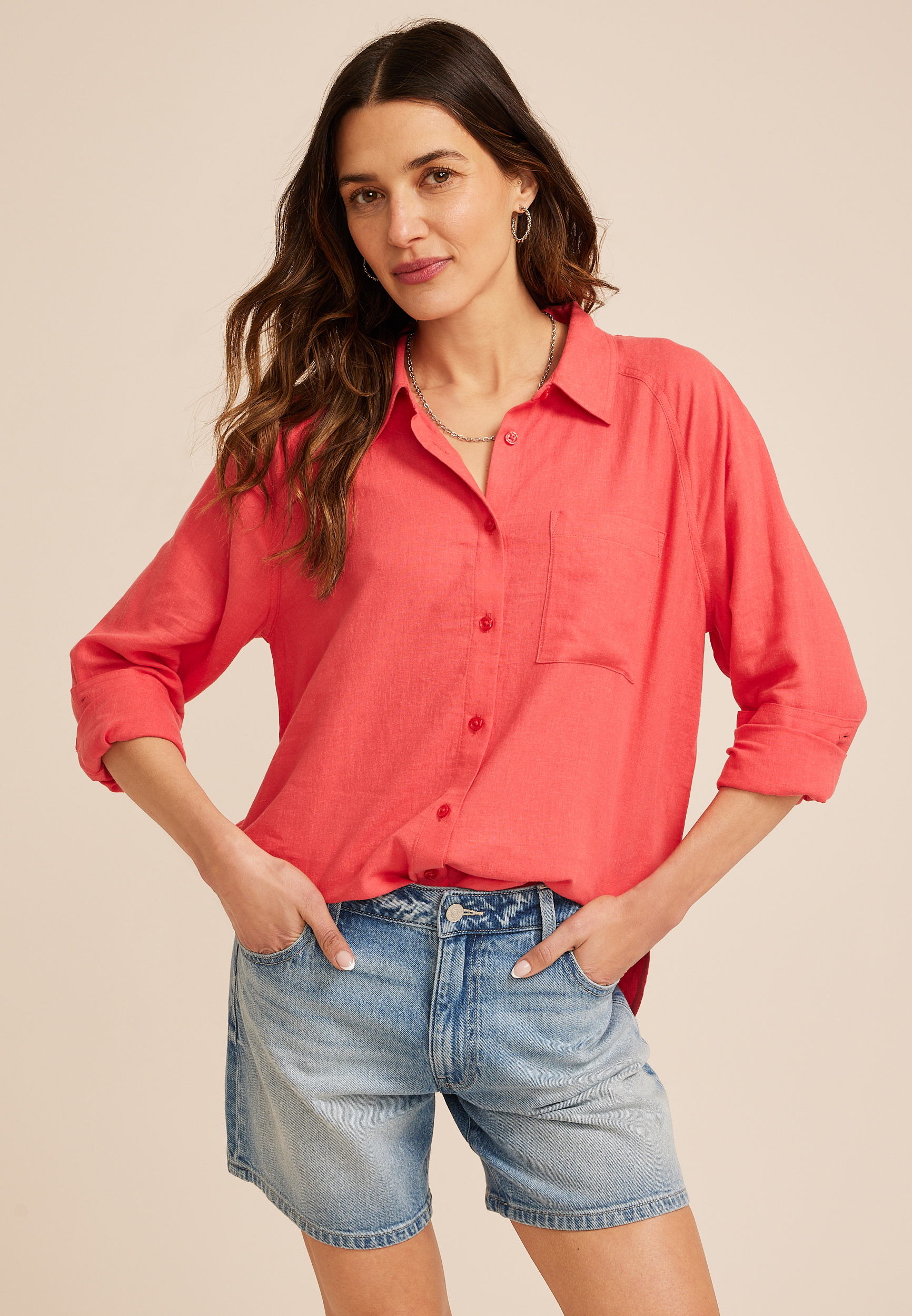 Solid Raglan Sleeve Button Down Shirt