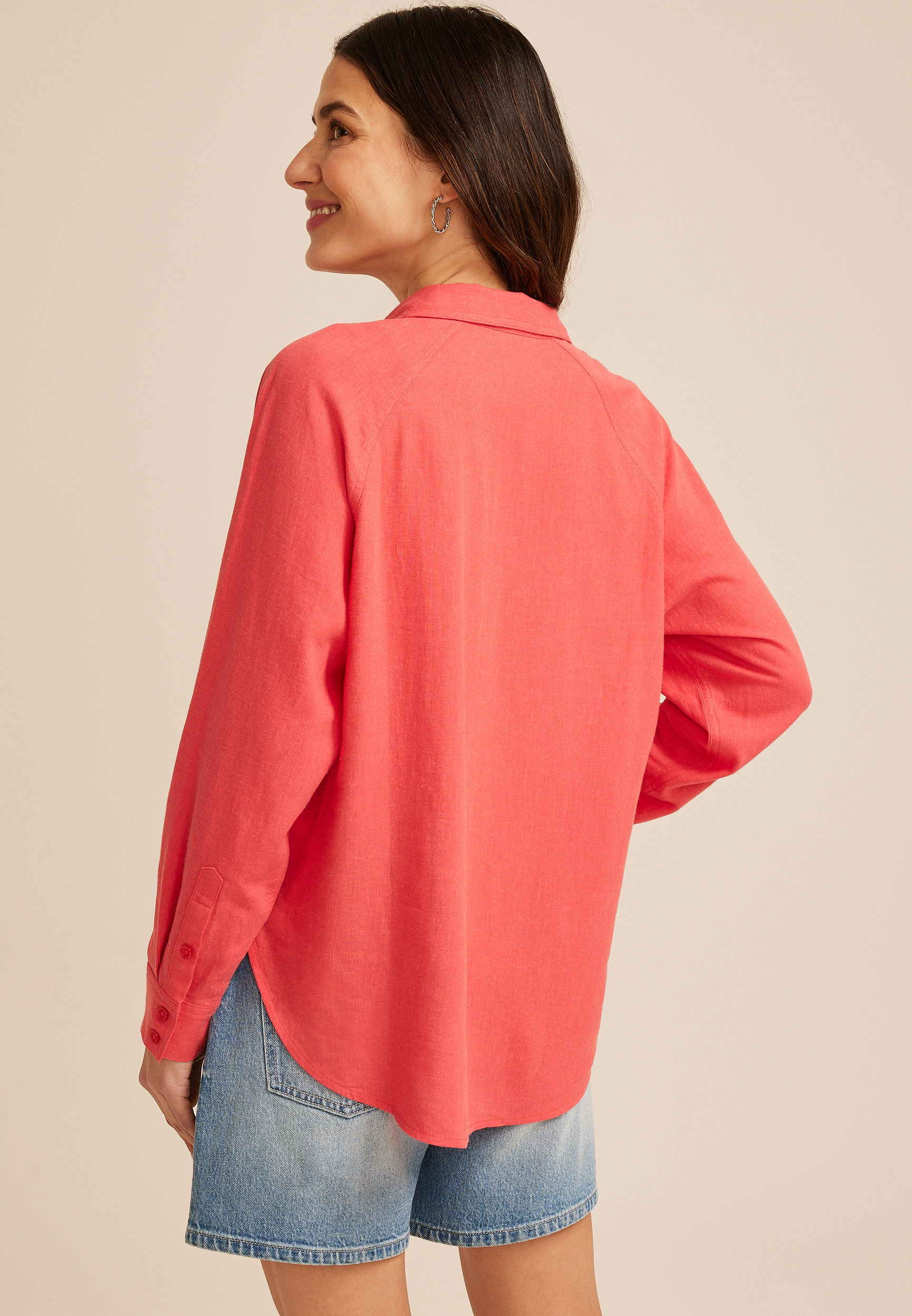 Solid Raglan Sleeve Button Down Shirt, C2011, large