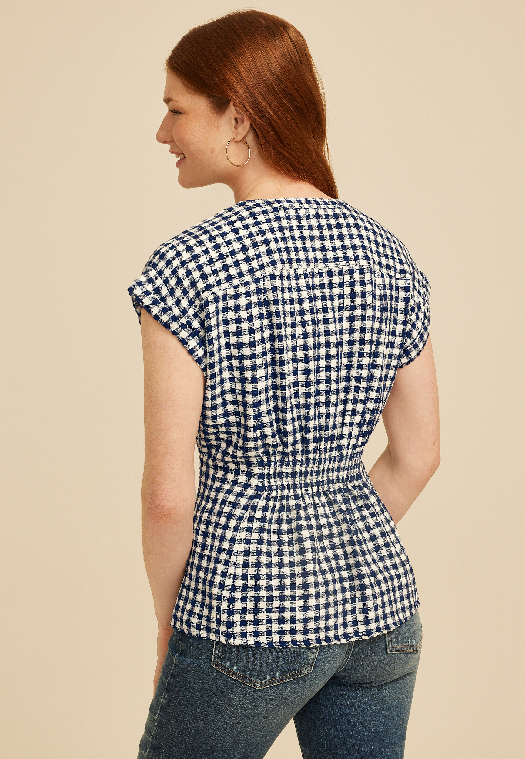 Blue Gingham Cinched Waist Button Down Shirt, C9156, large