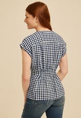 Blue Gingham Cinched Waist Button Down Shirt, C9156, small