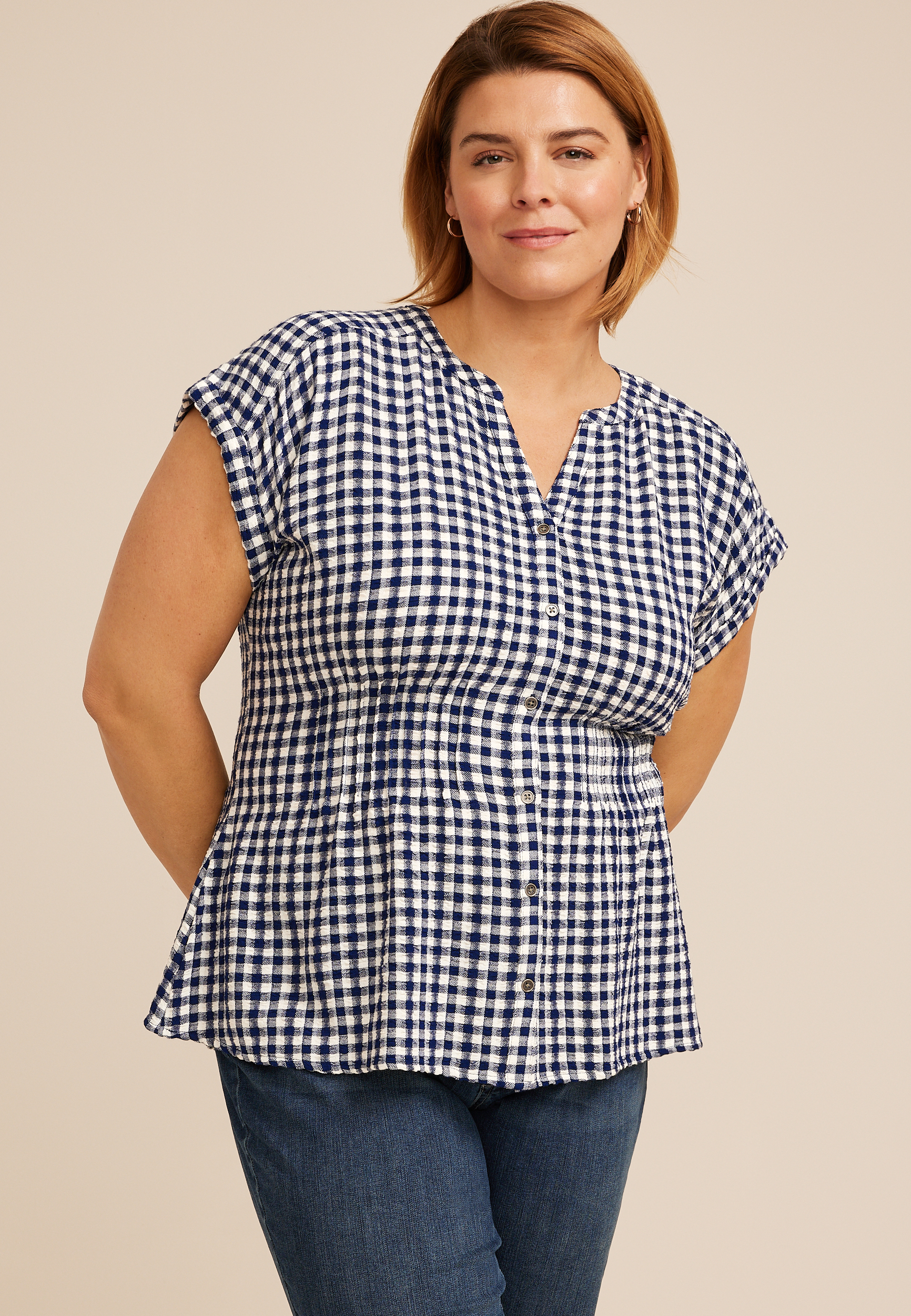 Plus Size Blue Gingham Cinched Waist Button Down Shirt