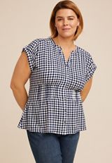Plus Size Blue Gingham Cinched Waist Button Down Shirt, C9156, small