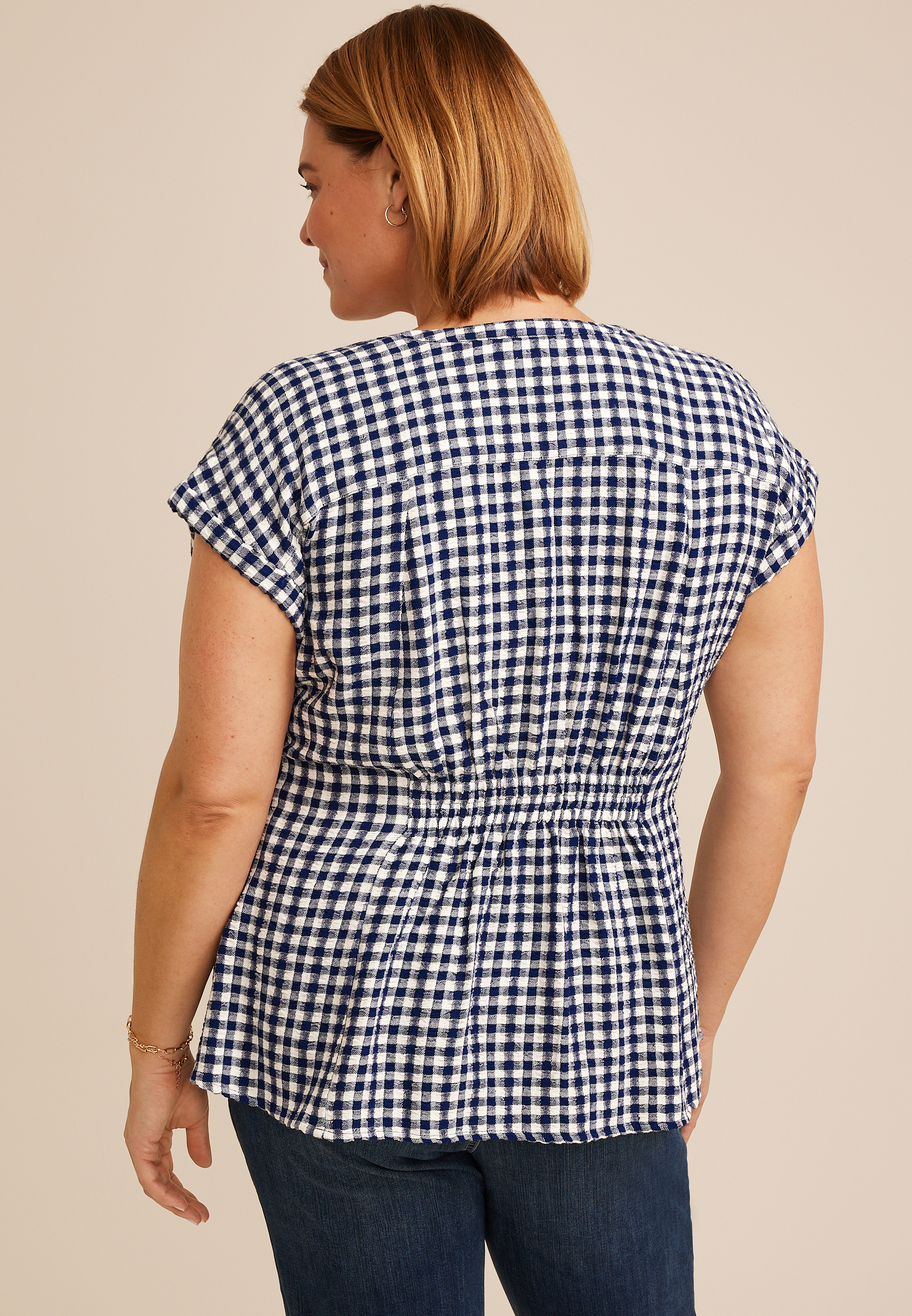 Plus Size Blue Gingham Cinched Waist Button Down Shirt, C9156, large
