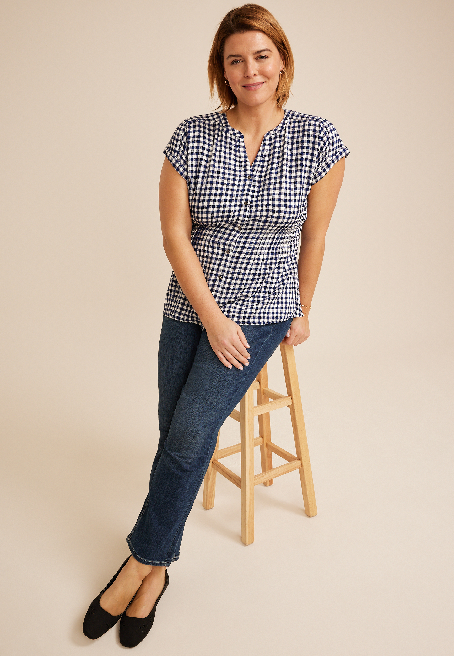 Plus Size Blue Gingham Cinched Waist Button Down Shirt, C9156, large