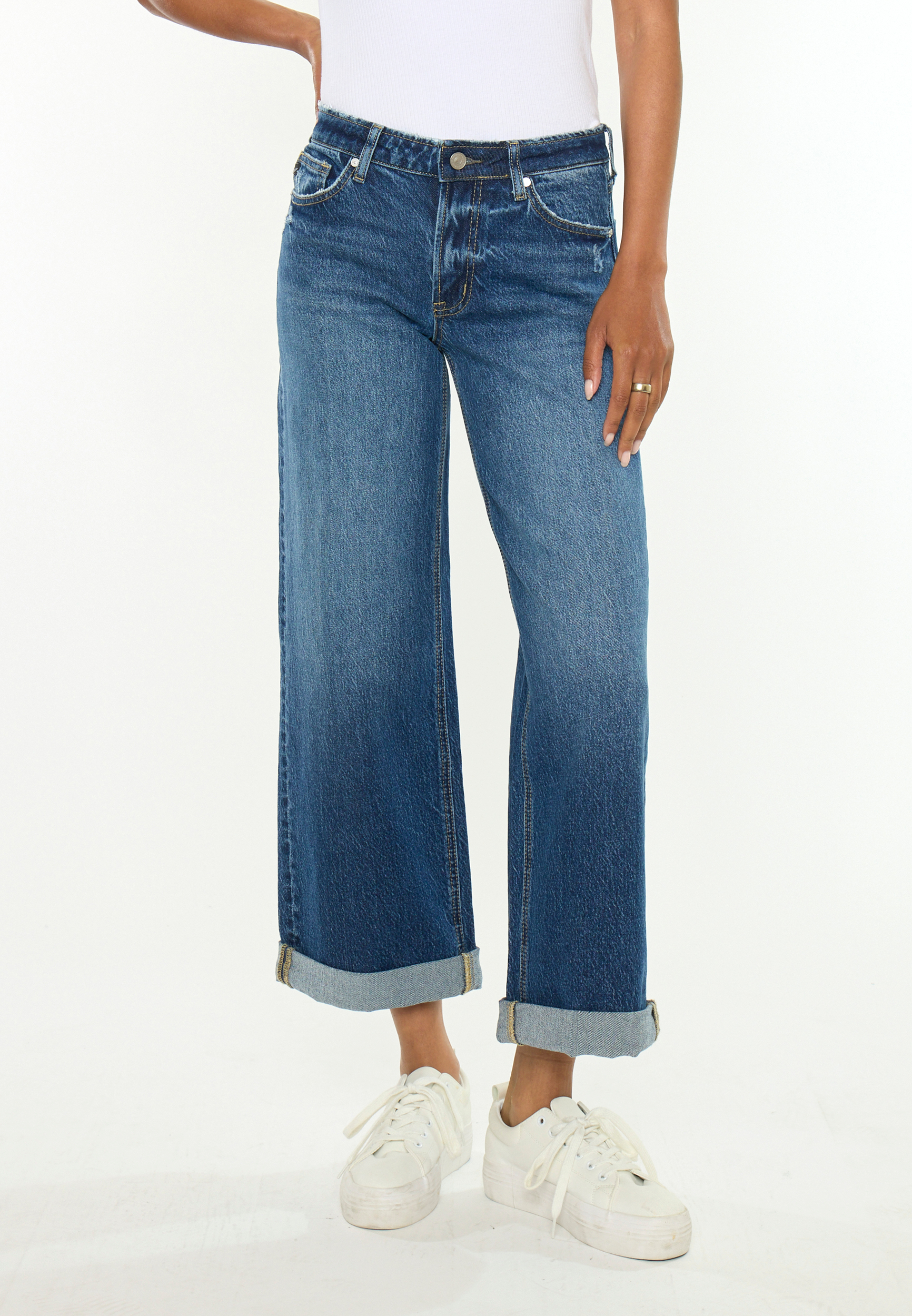 KanCan&trade; Mid Rise Mini Roll Hem Wide Leg Jean